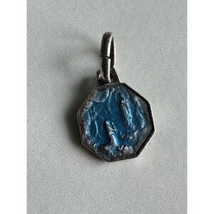 Vintage Blue Enamel Virgin Mary Lourdes Octagon Religious Medal Pendant 0.42g